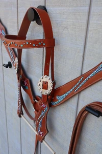 100% Genuine Leather Breast Collar Western Set Tack Headstall Leather - Picture 1 of 12