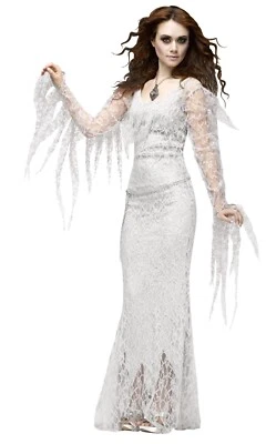 White Gray Lace Ghostly Lady Deluxe Adult Women's Halloween Costume Large - Image 1 of 2