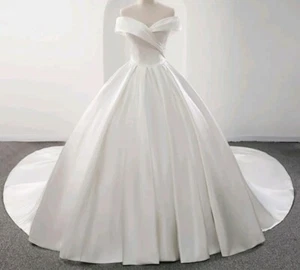 UK Off Shoulder White/ivory Bridal Satin A Line Wedding Dresses Size 8 or 10 - Picture 1 of 5