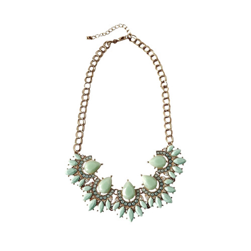 VETEMENTS Collana dichiarazione strass sfaccettati bavaglino verde chiaro tono oro ~ 20"