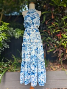 Valleygirl Halter Neck Exposure Back Tie Floral Blue Maxi Dress Size 14 BNWT - Picture 1 of 9