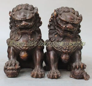 Chinese Bronze Fengshui Fu Foo Dogs Guardion Phylacter Lion Ball Pair Statue - Picture 1 of 3