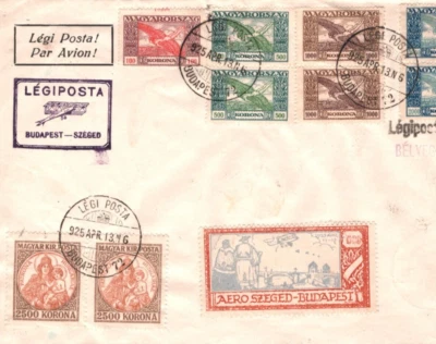 HUNGARY Air Mail Stamps 1925 Cover *AERO SZEGED-BUDAPEST* Aeroplane Label KA857 - Image 1 of 4