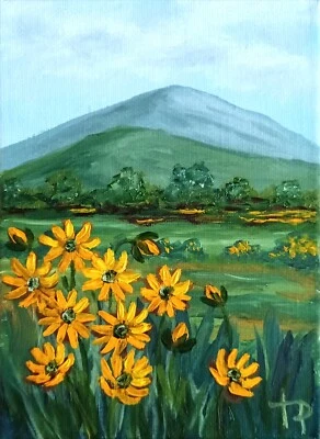 Pintura al óleo hecha a mano floral pequeña de 5x7" de flores silvestres amarillas y paisajes de montaña Foto 1 de 4