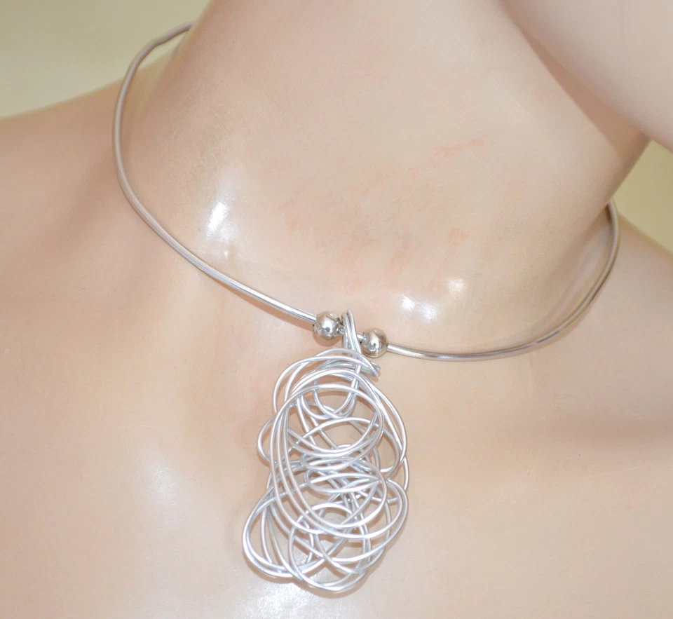 Collana donna argento platino girocollo ciondolo multi fili alluminio CX137 - Immagine 1 di 2