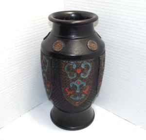 10" Vtg/ Antique Japanese TOKANABE WARE Vase - Hand Painted Black Pottery JAPAN - Picture 1 of 15