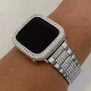 Series 10 Apple Watch Band Women Silver & or Apple Watch Cover Lab Diamond Bling - Picture 1 of 10