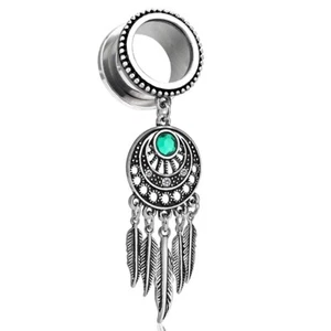 PAIR-Dream Catcher Feather Dangle Steel Screw On Ear Tunnels 16mm/5/8" Gauge - Picture 1 of 3