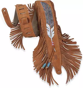Leathers 2.5" Suede Guitar Strap with Native American Inspired Feather and Fring - Picture 1 of 4