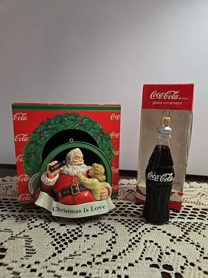Lot 2 Vtg. Coca Cola Ornaments Glass Coke Bottle Christmas Is Love Santa Child - Image 1 of 4