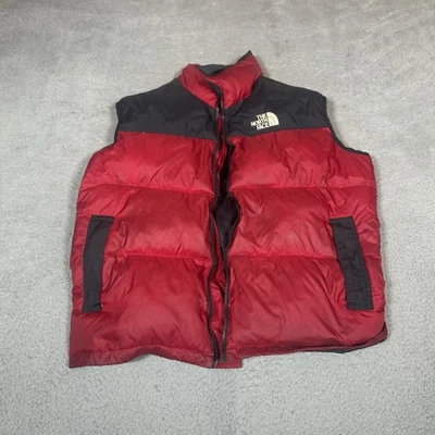 VTG North Face Vest Mens Medium Red Black Nuptse 700 Down Puffer Fill Zip - Image 1 of 4