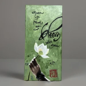 ORIGINAL OIL PAINTING LOTUS VIETNAMESE CALLIGRAPHY QUOTE SIGNED 7x14 - Picture 1 of 3