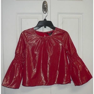 Nautica Girls Smocked Bell Sleeve Blouse Cherry Red Gold Metallic Stripe 7 $40 - Picture 1 of 4