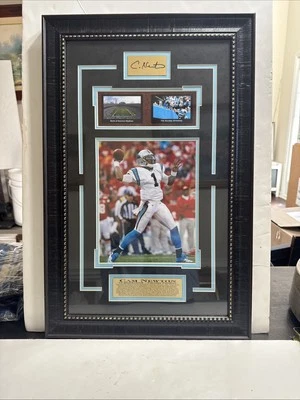 Cam Newton Carolina Panthers NFL 16x25”  Custom Frame Signed As Is Glass Cracked - Image 1 of 4