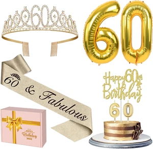 60Th Birthday Decorations for Women Gold with 60Th Birthday Sash and Tiara, Cake - Picture 1 of 12