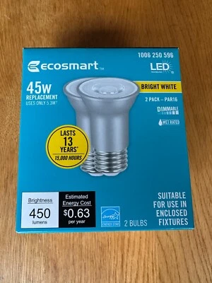 NEW Ecosmart, LED 45W Bright White 2 bulbs Dimmable, Wet Rated, 450 Lumens, NIB! - Image 1 of 3