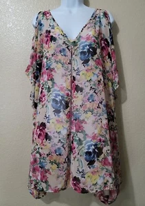 Peach Love California Shirt Womens Sz S Cold Shoulder Floral Chiffon Blouse Top - Picture 1 of 6