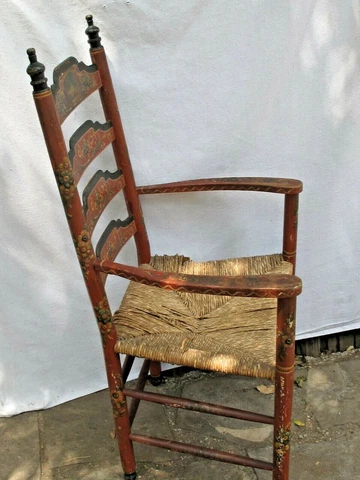 Antique Ladder Back Armchair Hand Painted Flowers & Scene with Rush Seat c1850 Cover
