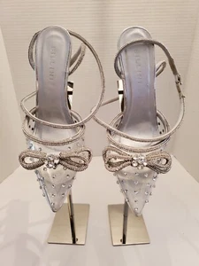 Billini Silver Transparent Rhinestone Strappy Ankle Heels Retro, Cocktail Sz.9 - Picture 1 of 24