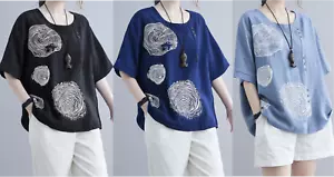 Women Cotton Linen T-shirt Tops Flowers Tunic Tees Short Sleeve Pullover Blouse - Picture 1 of 23