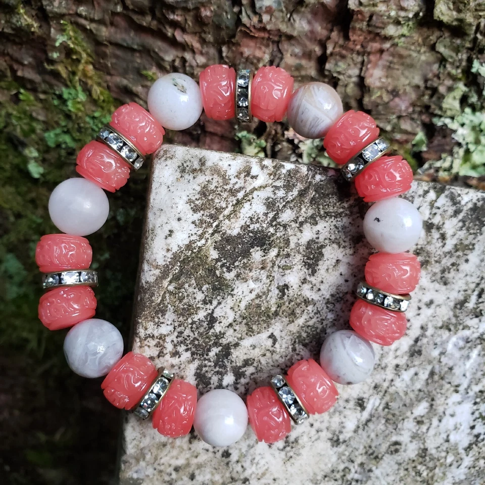 Handmade Stone Stretch Bracelet: Amazonite; Carved "OM" Shell Bead & Copper 10mm - Image 1 of 4