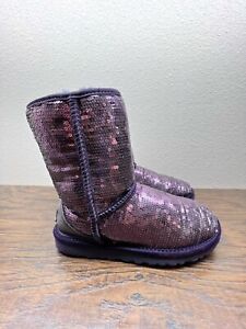 UGG Womens Boots Size 5 Classic Short Sequin Sparkles Fur Lined Purple 1003598