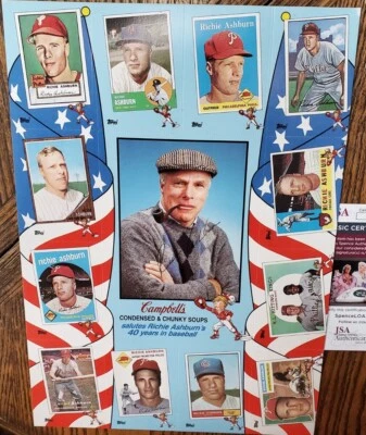 Phillies Richie Ashburn Autographed 1988 Campbell's Soup Uncut Sheet Topps JSA - Image 1 of 4