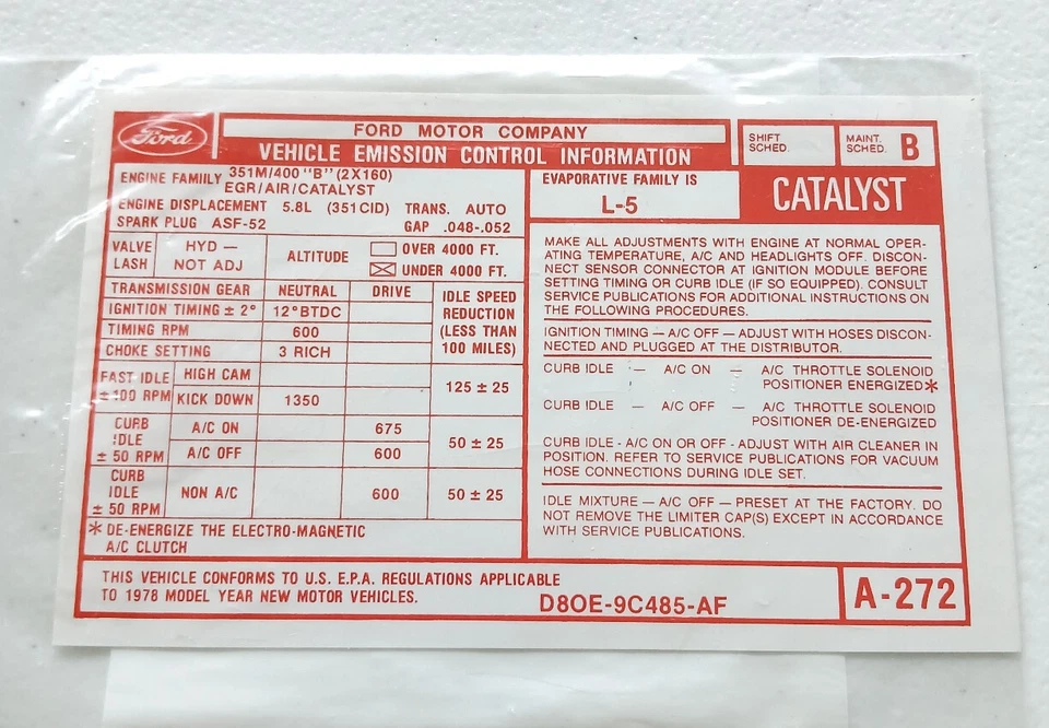 Nuevo Ford Thunderbird 1978 351M/400 calcomanía de emisiones del motor D8OE-9C485-AF Foto 1 de 1