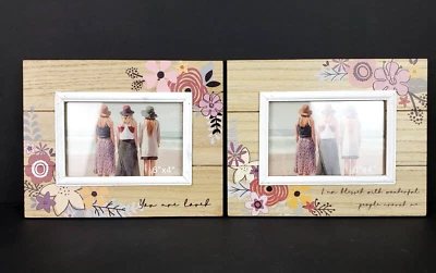 Set Of 2 Picture Frames Painted Flowers On Wood 4 X 6 With Word Phrases  - Image 1 of 4