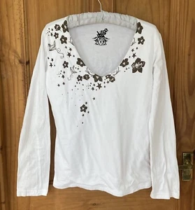Ladies Billabong size 4 (M/L) long sleeved top, white with brown flower pattern - Picture 1 of 7