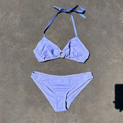 Lavender purple Malia Mills two-piece bikini with a halter top string neck.  - Image 1 of 2