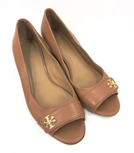 Tory Burch Kira Wedge Heels Open Toe Womens Size 7.5 Tan Leather Pumps Shoes - Picture 1 of 11