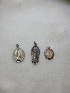 Antique Mary Pray For Us Sterling Silver Pendant Charm Lot Of 3 - Picture 1 of 9