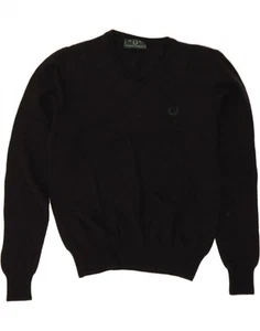 FRED PERRY Mens V-Neck Jumper Sweater Small Black Wool CJ04 - Picture 1 of 3