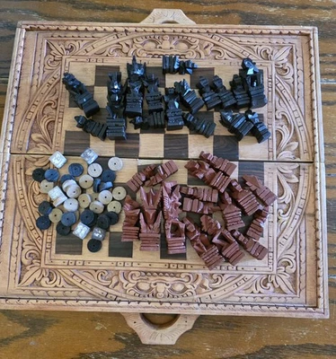VINTAGE Chess, Backgammon, Checkers Board Carved Wood  Handmade Rare. Full Size - Image 1 of 4