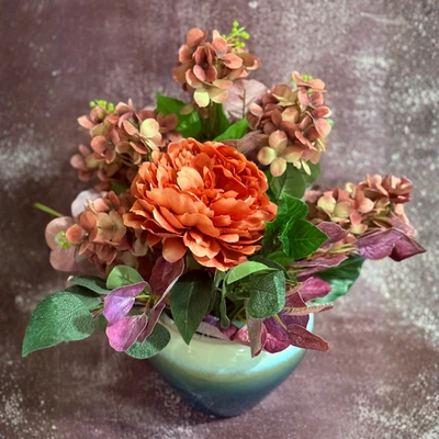 Coral Peony & Hydrangea Faux Floral Arrangement Centerpiece in Ceramic Bowl - Image 1 of 4