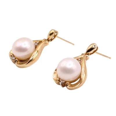 Alwand Vahan 10kt Yellow Gold Pearl Diamond Accent Drop Dangle Post Earrings - Image 1 of 3