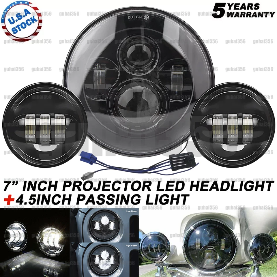 适合本田 Shadow VLX 铬 75W 7 英寸 LED 车头灯 + 4.5 英寸通行灯 — 第 1/4 张图片