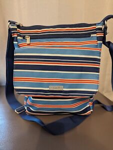 BAGGALLINI  Crossbody Red White Blue Striped Print W/Front Flap Pocket Pre Owned