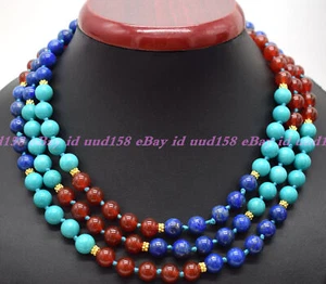 Collar de cuentas de piedras preciosas redondas de cornalina turquesa lapislázuli azul natural de 8 mm - Imagen 1 de 12