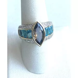 14K YELLOW GOLD SMOKY QUARTZ, TOPAZ AND DIAMOND COCKTAIL RING SIZE 9 SKY - Picture 1 of 12