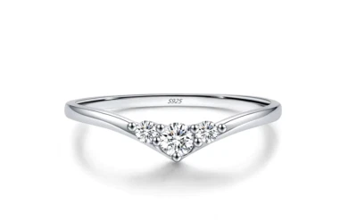 Dainty Minimalist Wishbone Chevron Ring + Box Sparkly Moissanite 925 Silver Band - Image 1 of 4