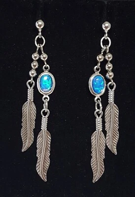 Silver Tone Faux Opal Dangle Feather Earrings Double Drop Pierced Posts 2-1/4" L - Image 1 of 4
