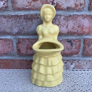 Vintage Haeger Pottery Girl Lady Yellow Dress Bonnet Planter Vase Figurine