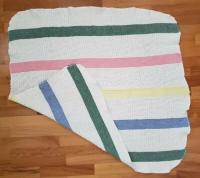 Vtg Cotton Woven Baby Blanket Yellow Green Blue Pink Stripe Knit Rounded Corners - Image 1 of 4
