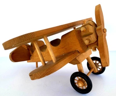 VTG Toy Wooden Airplane 14" Hand Carved Wood Toy Bi-Plane Model Home Decor - Image 1 of 4