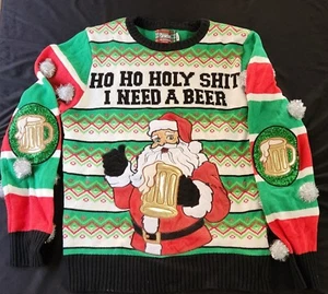 Spencers Ugly Christmas Sweater Mens Medium Graphic Light Up Santa Needs a Beer - Picture 1 of 5