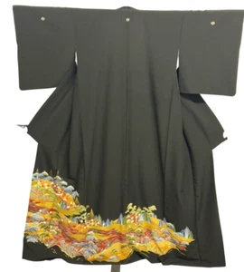 Kimono Tomesode japonés vintage poliéster paisaje negro cresta familiar altura 64 pulgadas - Imagen 1 de 23