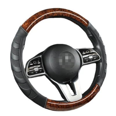 Leather Car Steering Wheel Cover Breathable Anti-slip Coffee  Car Accessories - Image 1 of 4