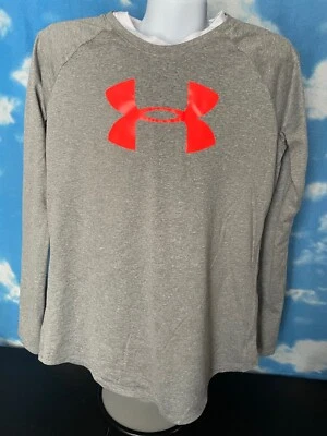 Under Armour UA Shirt loose Heat Gear Long Sleeve Large Gray Orange Youth c40 - Image 1 of 4